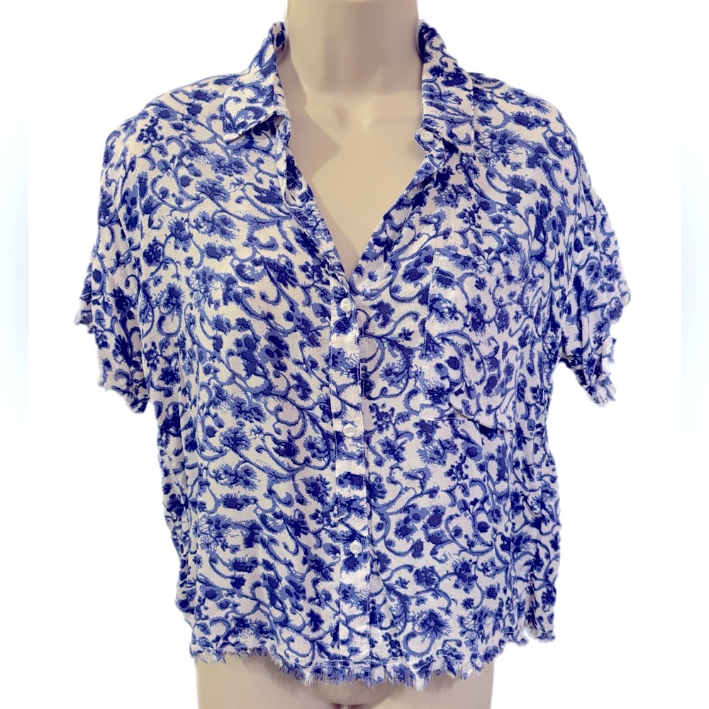 Philosophy Blue and White Boxy Button Down Shirt